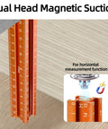 Four Sided Magnetic Layout Scriber With Laser Etched Scale For Straight On Measuring In Woodworking And DIY Carpentry Builds Lightweight Aluminum Alloy showing magnetic suction and measurement scale.