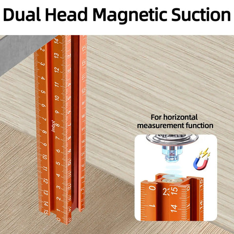 Four Sided Magnetic Layout Scriber With Laser Etched Scale For Straight On Measuring In Woodworking And DIY Carpentry Builds Lightweight Aluminum Alloy showing magnetic suction and measurement scale.