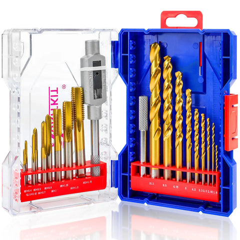 18 Piece Metric Drill And Tap Set With Tap Wrench M2 To M12 HSS Thread Taps And Drills For Metal Working In A Handy Indexed Box Case