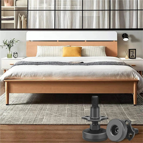 Bedroom setting with bed and 4 Pack Adjustable Leveling Feet For Cabinets And Tables With T Nut Kit Beefy Heavy Duty Furniture Levelers