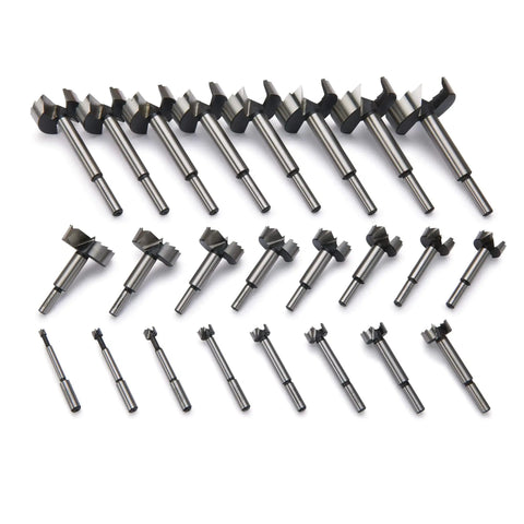 Heavy Duty High Carbon Steel Forstner Bit Set Featuring 24 Pieces For Drilling Precision Flat Bottom Holes In Raw Timber And Lumber Comes Loaded With A Nifty Wooden Storage Crate That Keeps Gear Organized And Ready