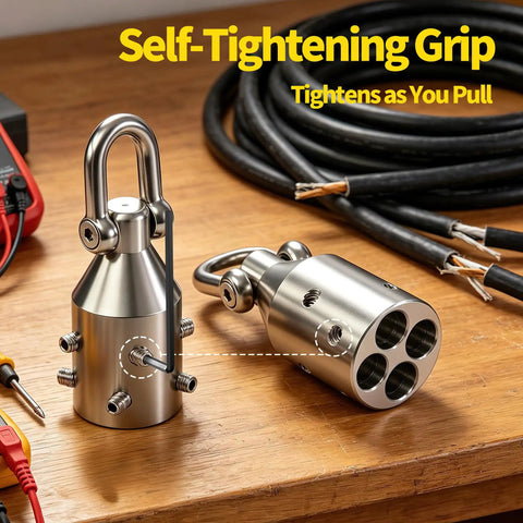 Real Deal Heavy Duty Wire Pulling Grip Four Slot Cable Puller Tool With Four Thousand Pound Capacity For Pro Electrical Conduit Runs And Underground Wiring Jobs Across The Nation. Close-up of stainless steel self-tightening grip.