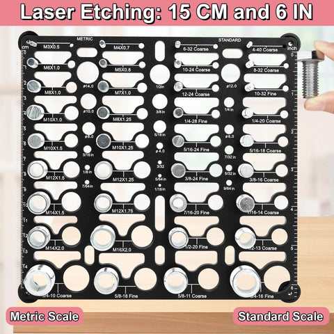 Bolt thread checker board: black metal gauge with metric and standard scales, wall-mountable.