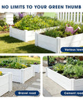 Vinyl Raised Garden Bed 4x4x1 Ft Open Bottom Planter For Above Ground Gardens with various plants in backyard setting.