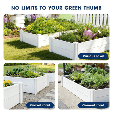 Vinyl Raised Garden Bed 4x4x1 Ft Open Bottom Planter For Above Ground Gardens with various plants in backyard setting.