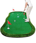 Pro Grade Golf Putting Green Practice Mat 5x10ft with realistic turf and three flags in use, indoor-outdoor setting