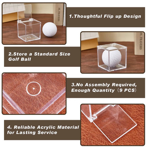 Nine Piece Golf Ball Display Cubes Set showcasing clear acrylic ball stands with flip-up design, 2.36 inch cube size.