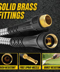 Heavy Duty 50 Ft Metal Garden Hose with Nozzle 304 Stainless Steel Construction showing solid brass fittings and nozzle