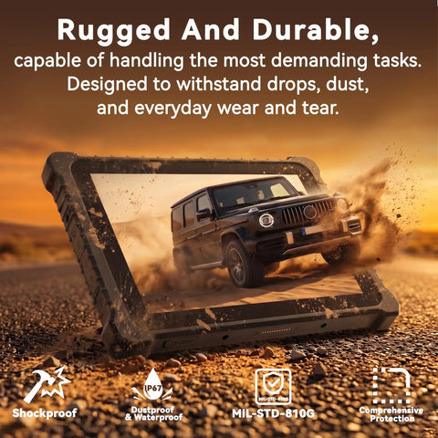 Heavy Duty 10.1 Inch Windows 11 Pro Rugged Tablet With IP67 Industrial Waterproof Housing And Mil Spec Drop Resistance, showing its durability in rugged environment.