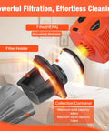 Grab And Go Cordless Handheld Vacuum With 20V Rechargeable Battery And Wet Dry Suction showing HEPA filter and collection container.