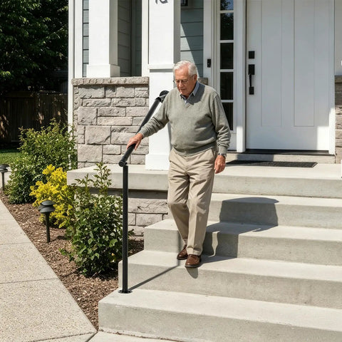 Pro Level Wrought Iron Hand Rails For Outdoor Steps 2 Or 3 Adjustable Indoor Outdoor Stair Railing Kit Rock Solid Build used by senior on steps.