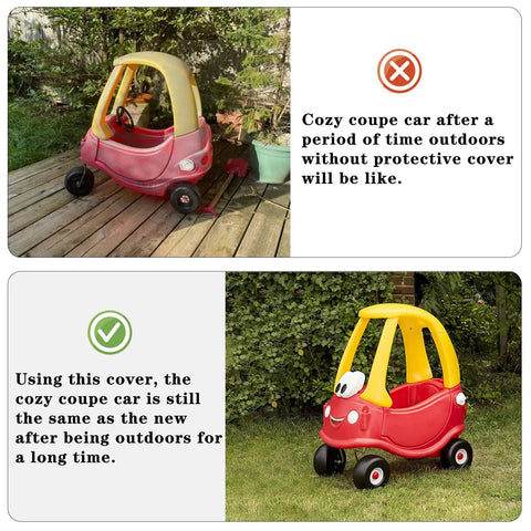 Comparison of Cozy Coupe Ride On Car before and after using weatherproof cover outdoors.