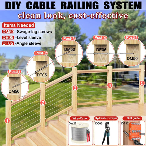 DIY cable railing system with Marine Grade One Eighth Inch T316 Stainless Steel Wire Cable For Railing Kit, tools and parts list
