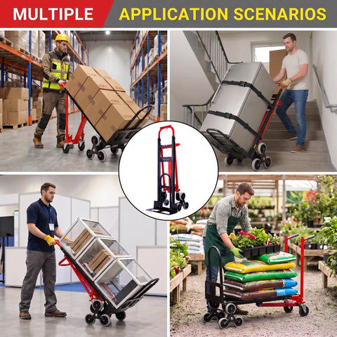 Rock Solid Heavy Duty Workhorse 1000 Pound Stair Climbing Dolly Four In One Convertible Hand Truck Foldable Moving Cart With Bulletproof Solid Wheels For Crushing Loads At Home Or Work Red used in various scenarios.
