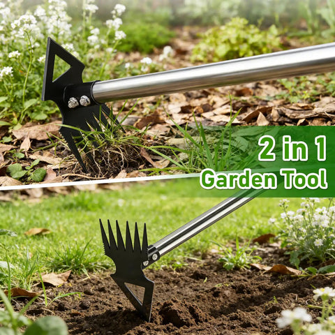 Close-up of Beefy 56 Inch Long Handle Weed Puller Tool Dual Head 2 In 1 Weed Rake And Garden Hoe in use in a garden. 
