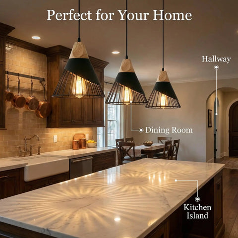 Dope Black Farmhouse Wooden Pendant Light With Rustic Wood And Metal Design illuminating a kitchen island.