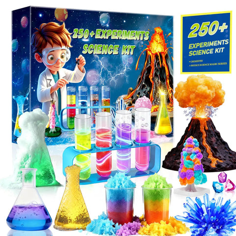 Hands On Science Kit With 250 Plus Experiments For Kids, STEM Activities, Volcano Eruption And Crystal Growth, colorful set display