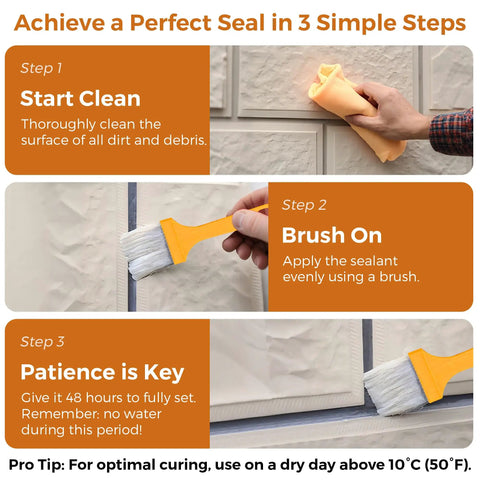 Clear waterproof sealant application steps showing cleaning surface and brushing on Top Shelf Clear Waterproof Sealant That Flows Straight Into Seams And Joints While Shielding Roofs Concrete Driveways And Wood Decks With Bulletproof Rainproof Coverage As It Dries Totally Spotless And Natural.