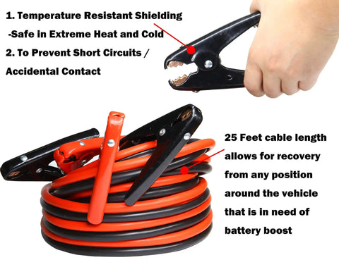 Heavy Duty Jumper Cables 1 Gauge 25 Foot 800 Amp Rock Solid Wiring Tough As Nails For Car Van Truck Tractor Dead Battery Savior Smooth Restart With Lifetime Guarantee with clamps demonstrating length and insulation.