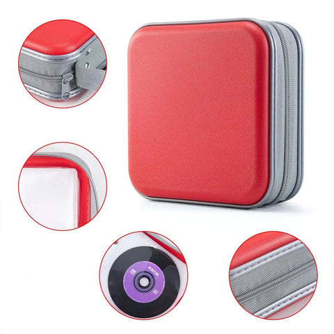Slick Hard Plastic CD Case With Secure Slim Zipper Stores Forty Eight Discs, red waterproof organizer with zipper details.