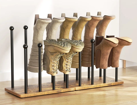 8 Pair Boot Rack And Shoe Organizer Tall Free Standing Stand With Wood Base And Metal Frame Sturdy Anti Wobble Design