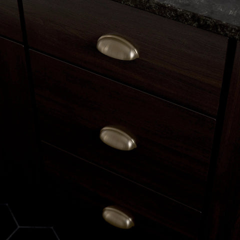 Dark cabinet with Champagne Bronze 3 Inch Cup Pull Cabinet Handles Set Of 10 For Cabinets And Dressers, 76mm installed on drawers