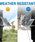 Beefy 12V Solar Panel for Deer Feeder Waterproof Battery Charger showing durability in extreme weather conditions with mounting bracket.