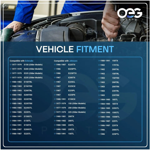 Mechanic working on engine with vehicle fitment chart for Drop-In Starter For Evinrude Johnson OMC V6 Outboard Engines 150-235 HP