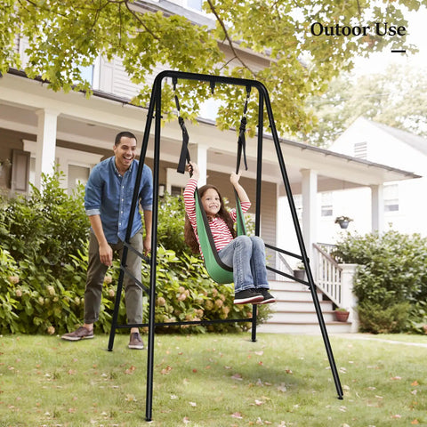 Upgraded Heavy Duty Hammock Chair Stand, Metal Swing Frame With Four Side Crossbars And Back Crossbar, Black in use outdoors
