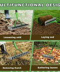 Dual Action Dethatcher Rake With 21 Tines And Adjustable Long Handle From 40 To 70 Inches in use for lawn care