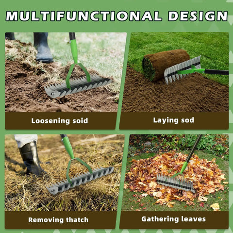 Dual Action Dethatcher Rake With 21 Tines And Adjustable Long Handle From 40 To 70 Inches in use for lawn care