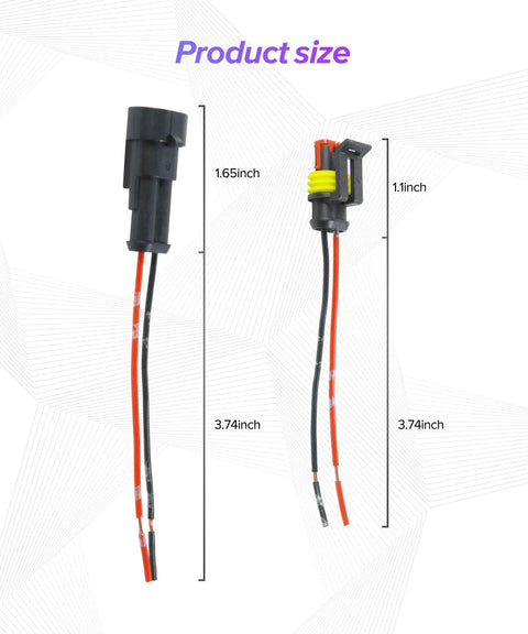 Rock-Solid Waterproof Electrical Auto Wire Connectors 2-Pin Plug-In Terminals showing sizes 1.65 inch and 3.74 inch for automotive use.