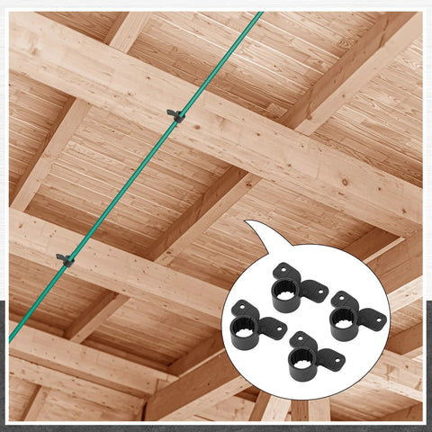 Installed view of Briwoody 1/2 in PEX pipe clamps, butterfly style, black, 50-pack for suspending PEX, copper, or CPVC tubing