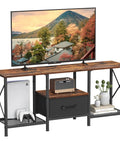 Reliable Industrial TV Console With Fabric Drawer And Open Storage Rack For 50 To 55 Inch Screens showcasing rustic brown finish and TV setup.