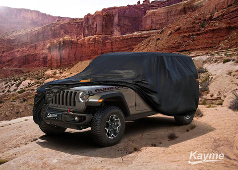 Jeep covered with 7 Layer Heavy Duty Car Cover For Jeep Wrangler 4 Door JK JL Unlimited Outdoor All Weather in rocky desert