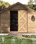 6Ft Box Rail Sliding Barn Door Hardware Kit for Wall Mount Track System shown on wooden shed, black powder coated steel.