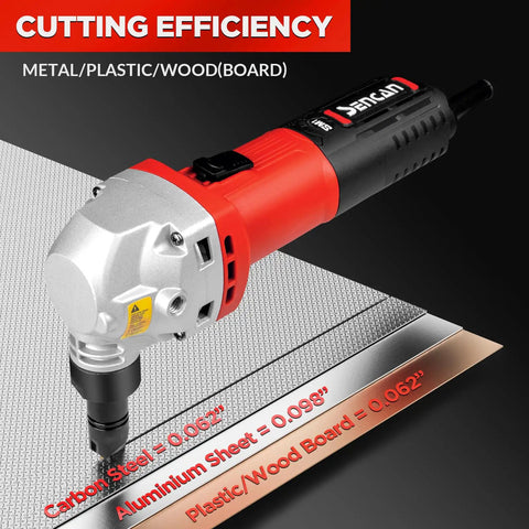 Top Tier 16 Gauge Sheet Metal Cutter With Powerful Brushless Motor Spinning At 1900Rpm cutting through aluminum and plastic sheets.