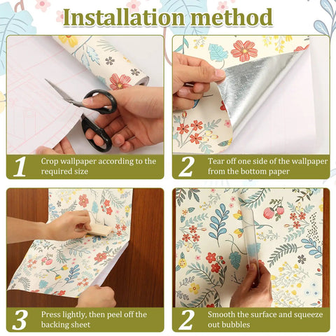 Self Adhesive Floral Peel And Stick Wallpaper Roll For Renters Featuring No Fuss Quick Install Water Resistant Scratch Proof Vinyl Wall Covering installation steps.