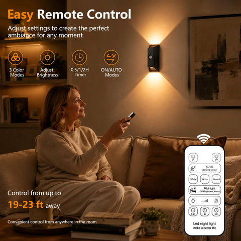 Fuligent Motion Sensor Light Indoor, Rechargeable Wall Sconce, 2 Pack with remote control and warm lighting ambiance.