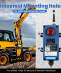 12V Six Button Wireless Crane Remote Control For Hoists And Trucks alongside a yellow crane, durable PA66 build, blue finish