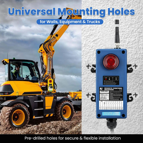 12V Six Button Wireless Crane Remote Control For Hoists And Trucks alongside a yellow crane, durable PA66 build, blue finish