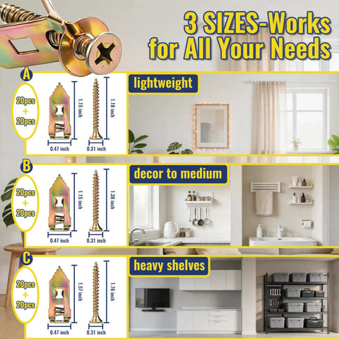 Three Size Self Drilling Drywall Anchors Kit With Zinc Plated Metal Anchors 120 Pieces Organized In Three Separate Boxes next to wall uses