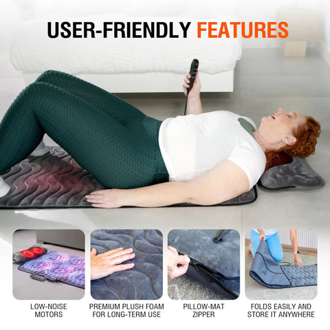 Person using Full Body Massage Mat With Heat And Shiatsu Vibration for pain relief in bed, featuring low-noise motors and folding design.