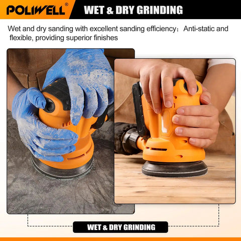 Worker using random orbital sander with 5 Inch Sanding Discs Set With 8 Hole Hook And Loop Wet Dry Sandpaper Sheets 50 Pack