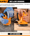 Person using a sander with 120 Pcs 5 Inch Sanding Discs Hook And Loop 8 Holes Wet Dry Grit on a table surface, showcasing versatility.