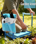 Person using Folding Garden Stool And Kneeler With Ten Point Two Inch Kneeling Pad Heavy Duty Garden Kneeler And Seat For Easy Gardening Kneeling Bench With Handles Great For Gardeners And Seniors 350lb Capacity Blue No Bending Required in a garden with a tool bag attached.
