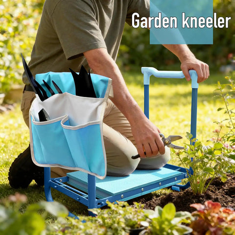 Person using Folding Garden Stool And Kneeler With Ten Point Two Inch Kneeling Pad Heavy Duty Garden Kneeler And Seat For Easy Gardening Kneeling Bench With Handles Great For Gardeners And Seniors 350lb Capacity Blue No Bending Required in a garden with a tool bag attached.