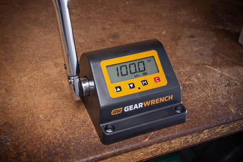 Torque Tester Bench Top Half Inch Drive 10 To 100 Foot Pounds 13.6 To 135.6 Newton Meters Four Readouts Inch Pounds Foot Pounds Newton Meters And Kilogram Centimeters Accuracy Plus Or Minus One Percent Model 89633 bench-top torque tester on workbench