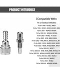 Five Sixteenth Inch Fuel Connector For Tohatsu Nissan Outboard Engines 2 Stroke And 4 Stroke 5-90HP Replacement 3B2-70260-1 3B2-70250-1 OEM Quality Marine Fuel Fitting For Easy Install And Rock Solid Performance next to compatibility chart on white background