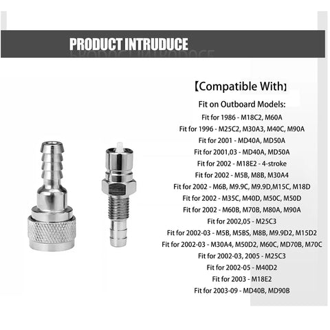 Five Sixteenth Inch Fuel Connector For Tohatsu Nissan Outboard Engines 2 Stroke And 4 Stroke 5-90HP Replacement 3B2-70260-1 3B2-70250-1 OEM Quality Marine Fuel Fitting For Easy Install And Rock Solid Performance next to compatibility chart on white background